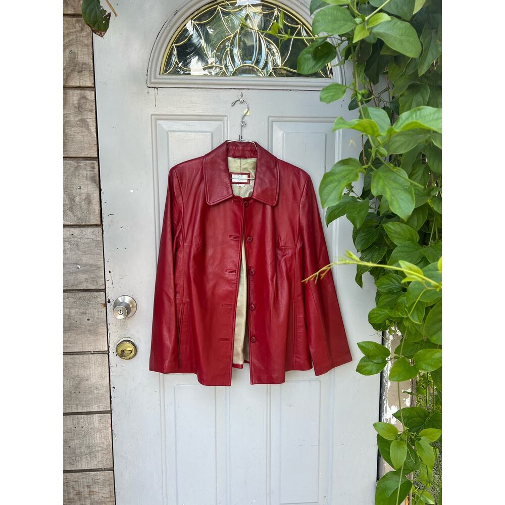 Red belted leather jacket - Picture 2 of 5